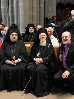 Photo: Thomas Schirrmacher with Ecumenical Patriarch Bartholomew I (centre) and Metropolitan Gennadios, WCC vice-president, in Geneva Cathedral for the WCCâs 70th anniversary service Â© BQ/Warnecke