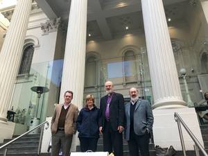 Photo: Melbourne: Thomas and Christine Schirrmacher with Dr Gordon Preece (far left) and Dr Richard Dickins in front of the venue, the First Baptist Church in Melbourne Â© BQ/Martin Warnecke