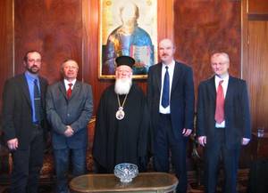 Photo: The delegation of the Martin Bucer Seminar to the Ecumenical Patriarch from left to right: Titus Vogt, Vice Dean MBS; Behnan Konutgan, President MBS Turkey; Patriarch BartholomÃ¤us I; Thomas Schirrmacher, Rector MBS; Thomas Kinker, Dean MBS Â© BQ