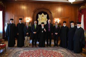 Photo: Thomas Schirrmacher and his team with Patriarch Bartholomew and the Holy Synod (five metropolitans) Â© BQ / Warnecke