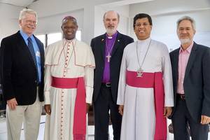 Three speakers of WEA with the Catholic Archbishop of Ghana and the Anglican Archbishop of Sri Lanka