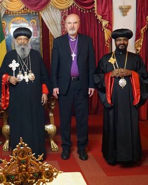 Photo: (from left) Patriarch Abune Mathias, Bischop Thomas Schirrmacher, Bischop Melake Genet Abba Kidane Mariam Â© BQ/Schirrmacher