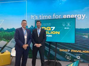 Photo: Dr. Chris Elisara, Co-Director of the WEA Sustainability Center, together with Charlie Henderson, founder of the Relight platform for community cultivation and collaboration, at an event launching a new energy initiative at the SDG7 pavilion Â© WEA